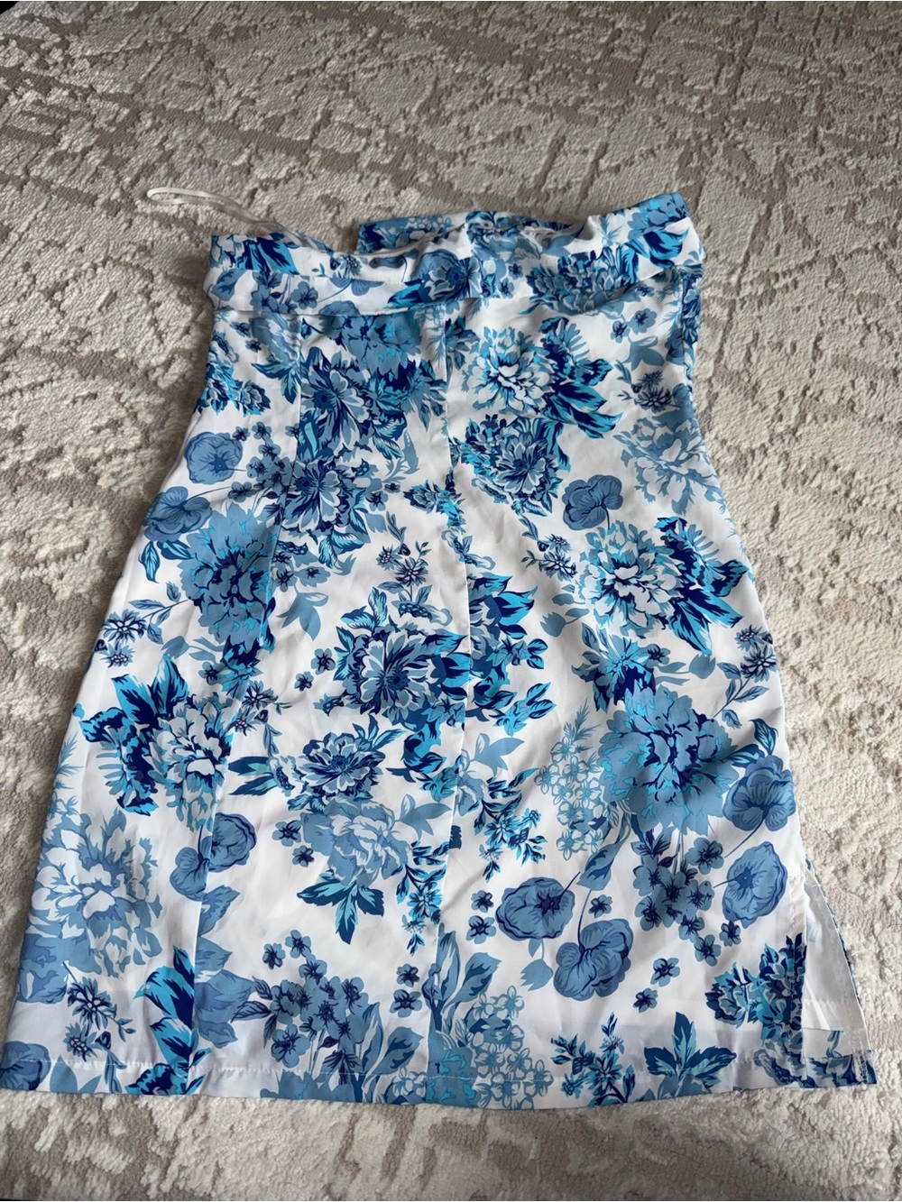 Strapless White Mini Dress with Blue Floral Print